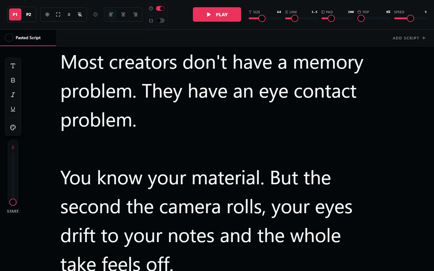 LilPrompter online script reader displaying a script in large readable text
