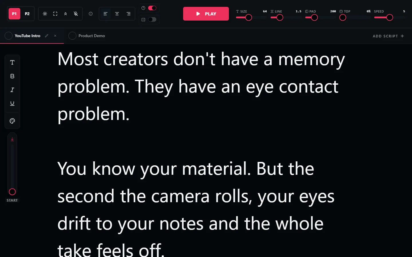 LilPrompter teleprompter with episode segments organized in script tabs