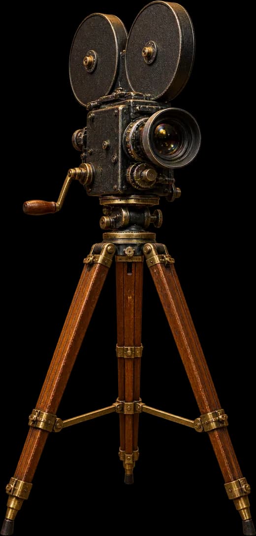 A 1930s studio film camera on a wooden tripod, its lens facing you