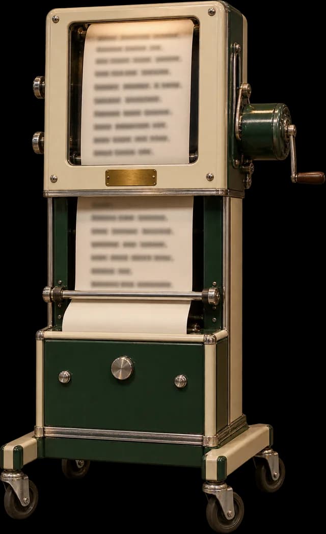 A 1950s paper-roll teleprompter on a rolling stand